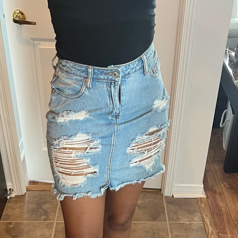 Fashion Nova Blue Denim Distressed Skirt